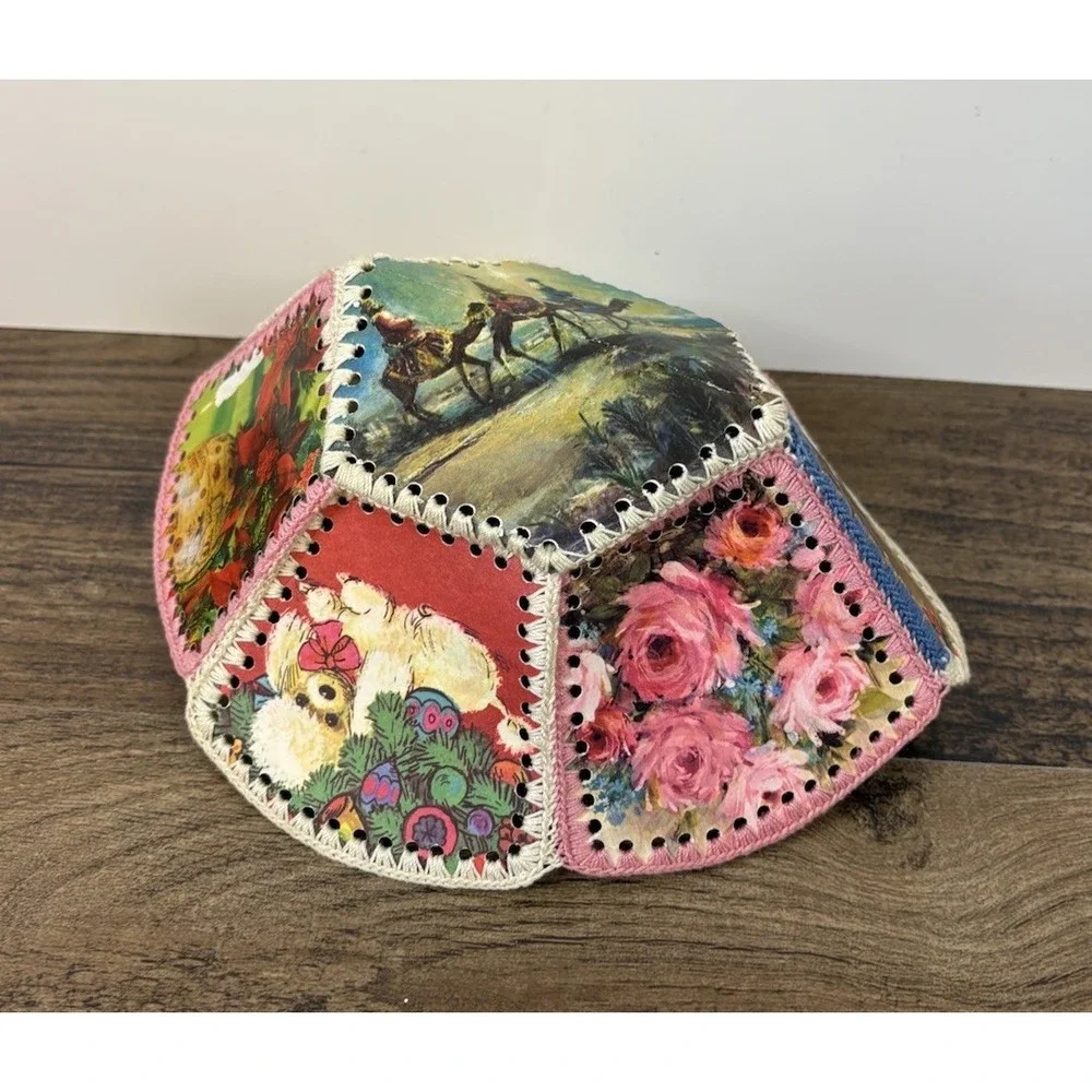 Vintage Handmade Stitched Ephemera Greeting Card Basket Christmas Bowl